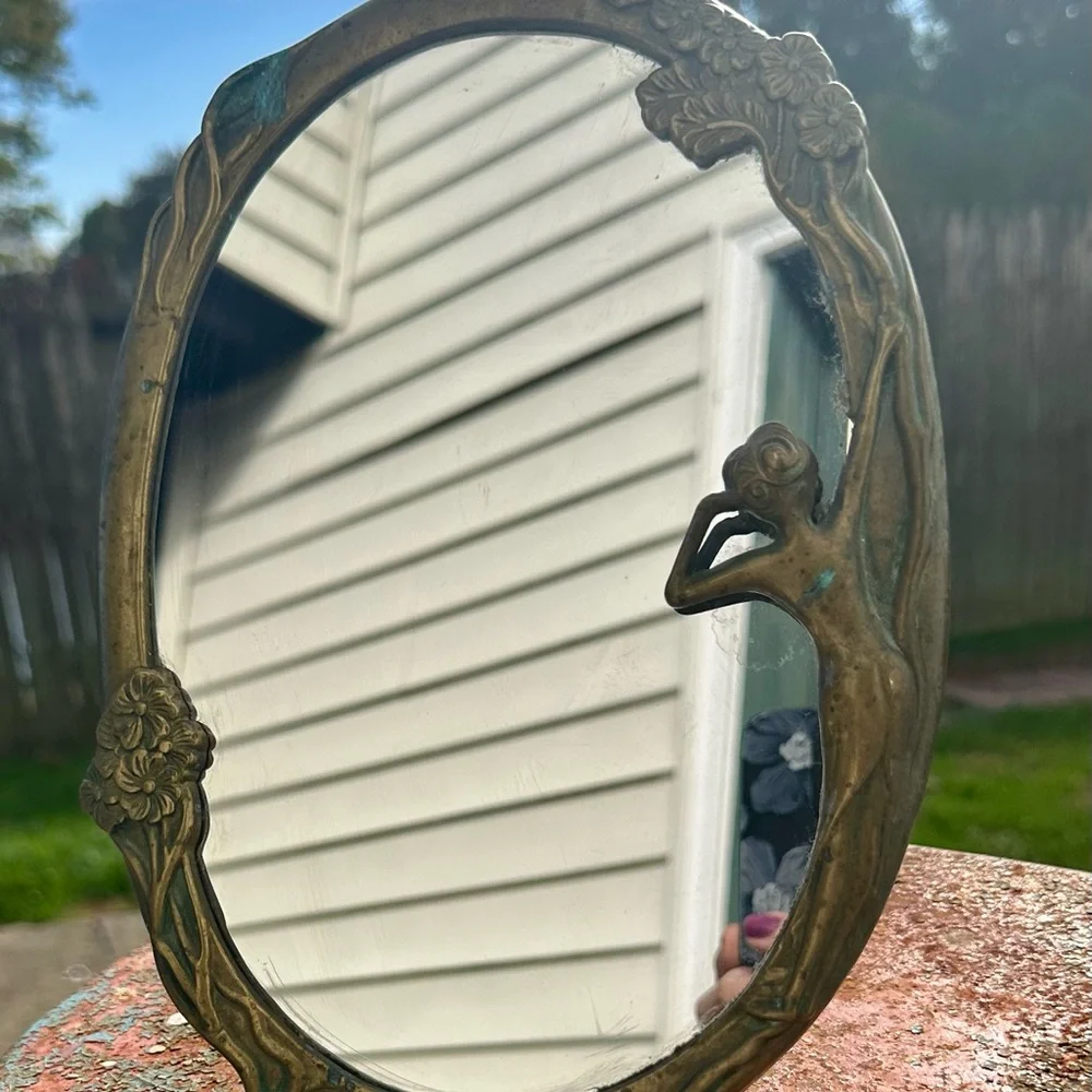 Antique Art Nouveau Brass Vanity Table Top Footed Mirror Lady by the Lake